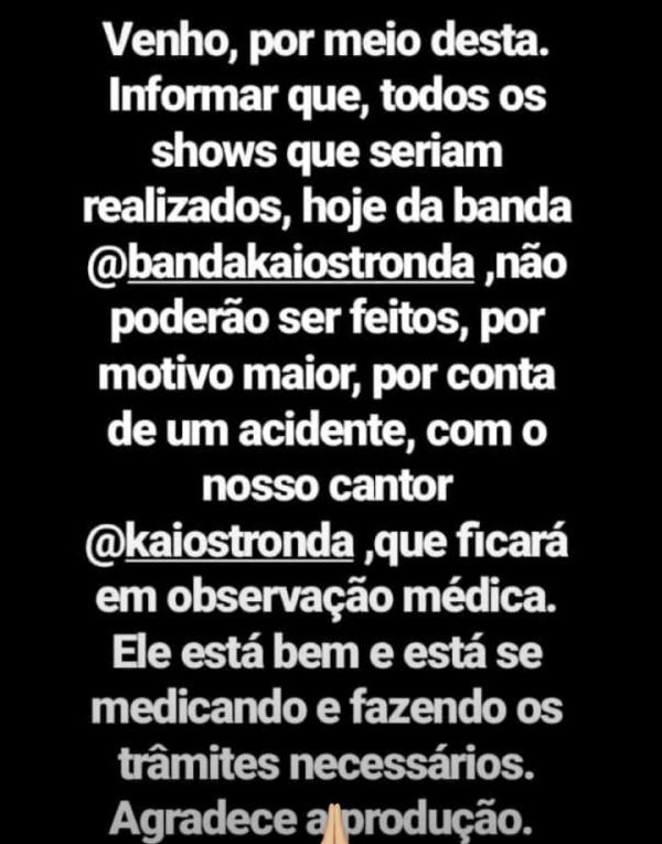 Cantor Kaio Stronda sofre acidente com jet ski no Norte do Piauí e cancela shows(Imagem:Reprodução / Instagram)