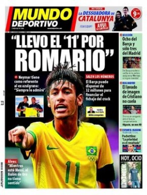 Admiração de Neymar por Romário rende capa do 'Mundo Deportivo''.(Imagem:Reprodução)