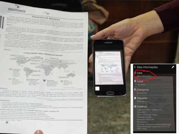 Estudante mostra imagem de suposto tema da prova de redação do Enem horas antes da prova. No detalhe, dados do arquivo indicam a hora do recebimento.(Imagem: Gilcilene Araújo/G1)