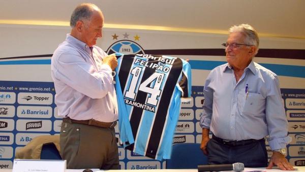 Felipão e Fábio Koff se encontraram na Arena do Grêmio em março.(Imagem:Lucas Uebel/Grêmio FBPA)