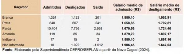 Participação no saldo de empregos, por cor ou raça autodeclarada no Piauí (maio/2024) (Imagem:Elaborado pela Superintendência CEPRO/SEPLAN a par)