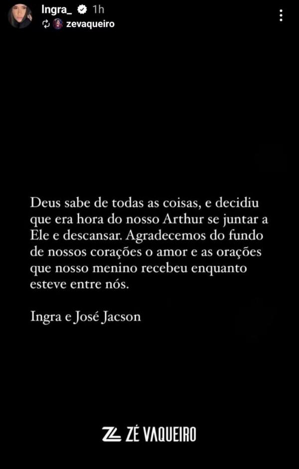 Ingra Soares comunica a morte do filho Arthur.(Imagem:Reprodução/Instagram)