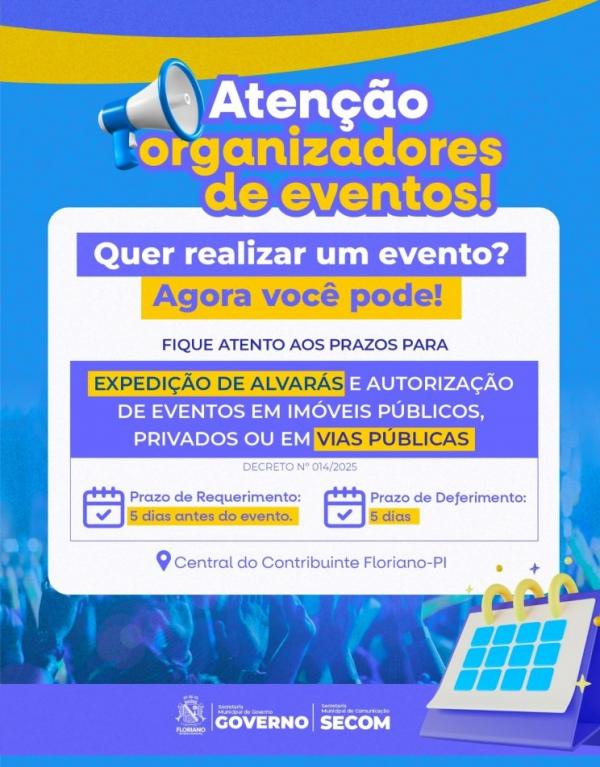 Prefeitura de Floriano publica decreto com normas para expedição de alvarás e autorização de eventos.(Imagem:Secom)