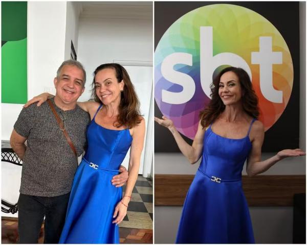 Flávia Monteiro e o estilista Adilson Sallu, responsável pelo vestido que usou em gravação especial, e com visual finalizado com make de Antonini Zilioti e brincos by Cristina Guer(Imagem:Arquivo pessoal e Thainá Maganhoto)