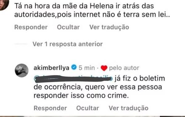 Amanda Kimberlly diz que fez boletim de ocorrência contra comentários contra Helena(Imagem:Reprodução/Instagram)