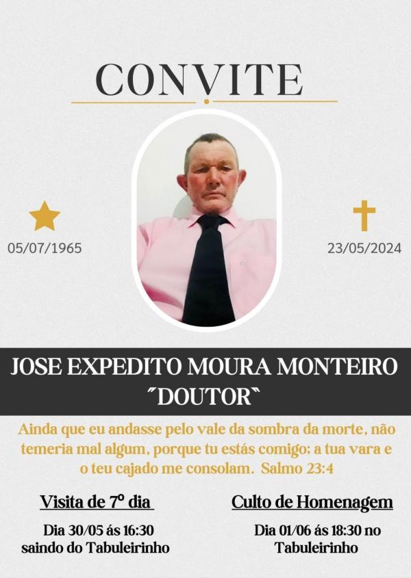 Convite: Visita de sétimo dia e culto de homenagem a José Expedito Moura Monteiro.(Imagem:Divulgação)