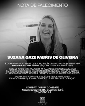 Pastora Suzana Gaze Fabris de Oliveira falece aos 43 anos em Teresina.(Imagem:Reprodução/Instagram)