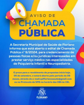  Secretaria de Saúde de Floriano abre Chamada Pública para prestação de serviços médicos em Psiquiatria Infantil e Neuropediatria.(Imagem:Divulgação)