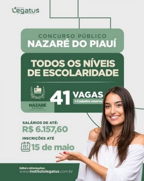 Prefeitura de Nazaré do Piauí está com inscrições abertas de concurso público(Imagem:Reprodução/Instagram)