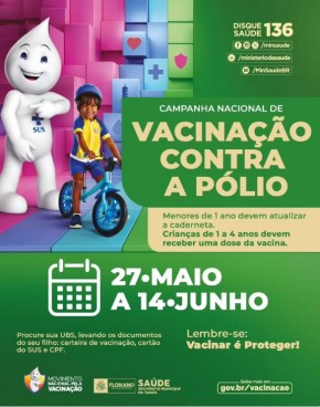  Floriano inicia Campanha Nacional de Vacinação contra Poliomielite nesta segunda-feira.(Imagem:Reprodução/Instagram)