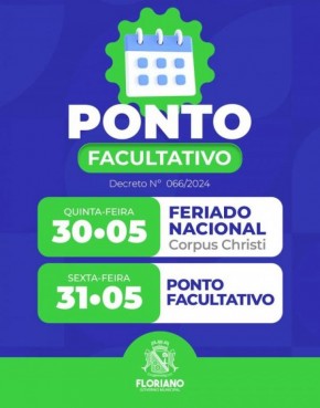 Prefeitura de Floriano decreta ponto facultativo para sexta-feira (31).(Imagem:Secom)