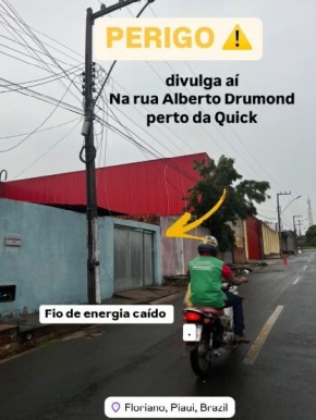 Fios de alta tensão caídos oferecem risco na Rua Alberto Drumond em Floriano.(Imagem:Reprodução/Instagram)