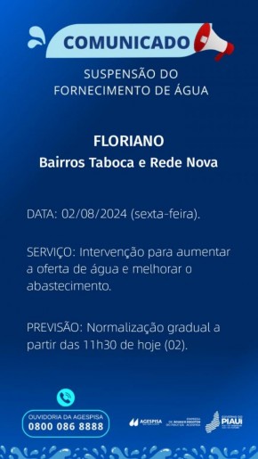 Agespisa comunica suspensão temporária do fornecimento de água nos bairros Taboca e Rede Nova.(Imagem:Divulgação)