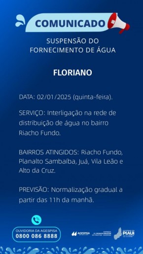 Manutenção na rede de água causa suspensão temporária em Floriano, informa Agespisa.(Imagem:Divulgação)