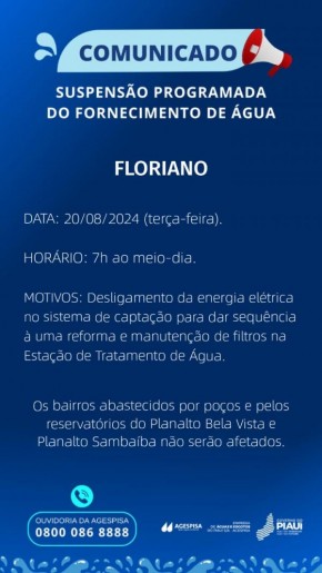 Agespisa anuncia suspensão programada do fornecimento de água em Floriano nesta terça-feira (20).(Imagem:Divulgação)