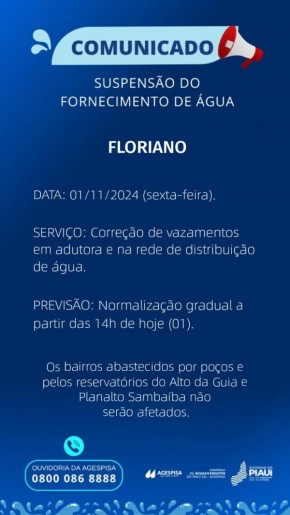 Agespisa informa suspensão temporária do fornecimento de água para manutenção em Floriano(Imagem:Divulgação)