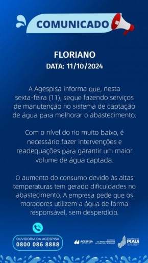  Agespisa realiza manutenção no sistema de captação de água em Floriano para garantir abastecimento.(Imagem:Divulgação)