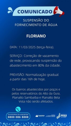 Agespisa suspende fornecimento de água em Floriano nesta terça-feira (11) para correção de vazamento.(Imagem:Divulgação)