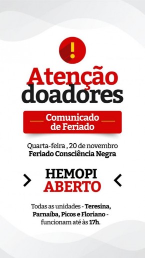  Hemopi reforça campanha de doação de sangue durante o feriado da Consciência Negra.(Imagem:Divulgação)