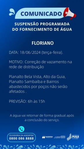 Agespisa anuncia suspensão programada do fornecimento de água em Floriano para correção de vazamento.(Imagem:Divulgação)