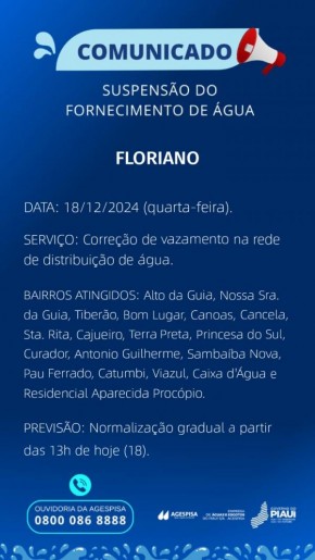  Agespisa comunica suspensão temporária do fornecimento de água em Floriano nesta quarta-feira (18).(Imagem:Divulgação)