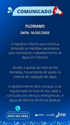  Agespisa trabalha para normalizar abastecimento de água em Floriano.(Imagem:Divulgação)