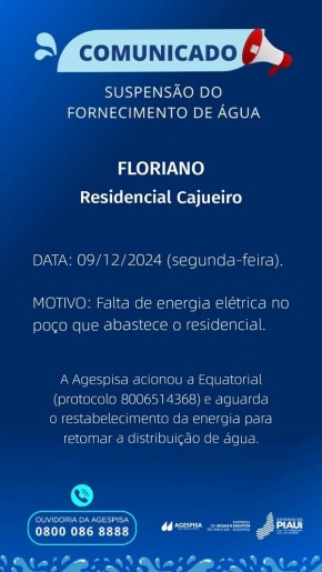  Agespisa informa sobre falta de água no Residencial Cajueiro em Floriano.(Imagem:Divulgação)