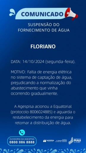 Interrupção no fornecimento de água em Floriano é causada por falta de energia no sistema de captação, informa Agespisa.(Imagem:Divulgação)