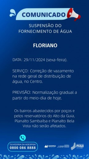 Agespisa realiza manutenção e suspende fornecimento de água em Floriano nesta sexta-feira (29)..(Imagem:Divulgação)