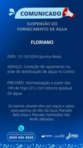 Agespisa anuncia interrupção do abastecimento de água em Floriano para manutenção no Centro.(Imagem:Divulgação)