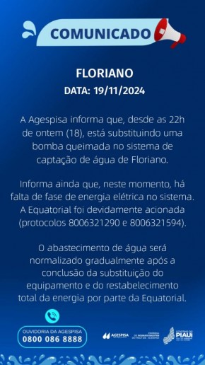 Agespisa realiza substituição de bomba e enfrenta interrupção no fornecimento de energia em Floriano.(Imagem:Divulgação)