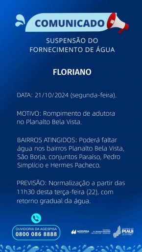 Rompimento de adutora no Planalto Bela Vista interrompe abastecimento de água em bairros de Floriano.(Imagem:Divulgação)