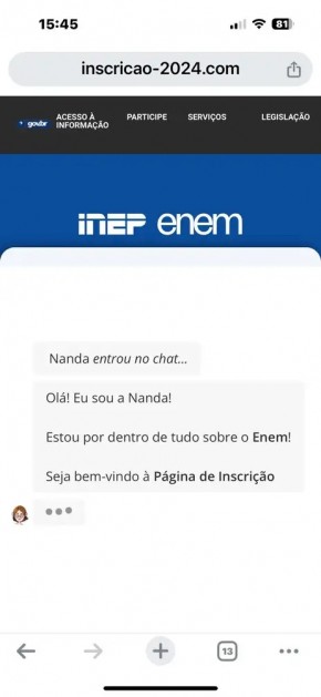 Golpe pagamento da taxa do enem. Print de página fraudulenta.(Imagem:Print/AgenciaBrasil)