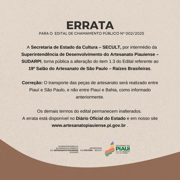 A errata do edital nº 002/2025 promoveu alterações na informação sobre o transporte das peças.(Imagem:Divulgação)