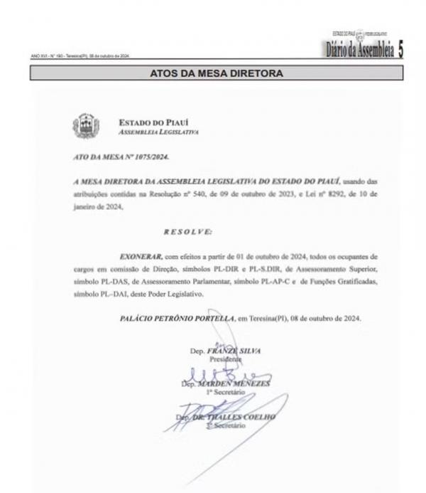 Assembleia Legislativa exonera funcionários em cargos comissionados.(Imagem: Diário Oficial da Assembleia Legislativa do Piauí)