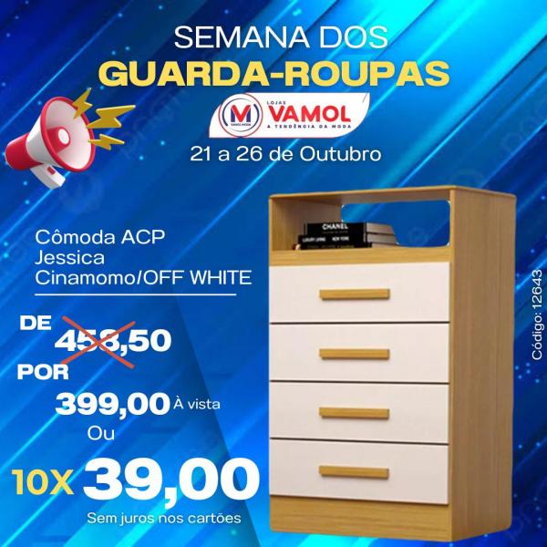 Cômoda ACP Jessica: de R$ 458,50 por R$ 399,00.(Imagem:Divulgação)