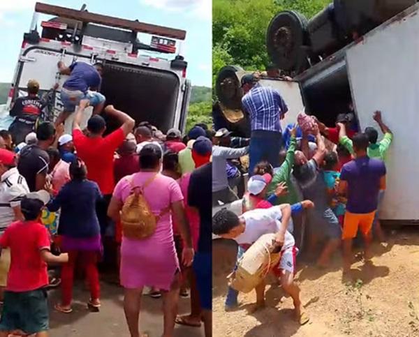 Caminhão carregado de carne é saqueado após tombar na rodovia PI-245, no Piauí(Imagem:Reprodução)