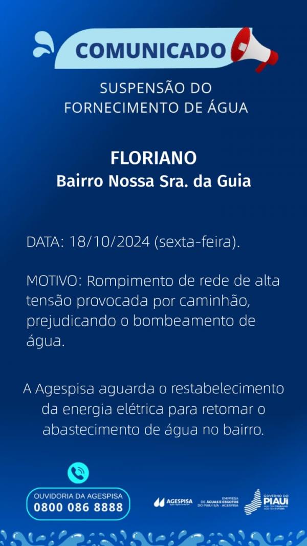 Rompimento de rede elétrica suspende abastecimento de água no bairro Nossa Senhora da Guia.(Imagem:Divulgação)