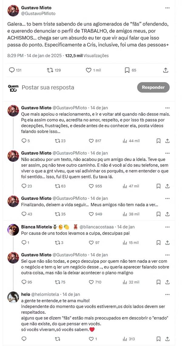 Gustavo Mioto revela ataques de haters após fim de namoro com Ana Castela (Imagem: Reprodução/X)