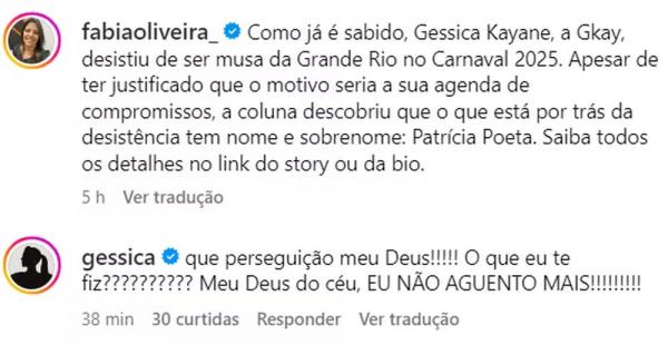 Resposta de Gkay para notícia sobre ela publicada por Fábia Oliveira.(Imagem: Reprodução/Instagram)