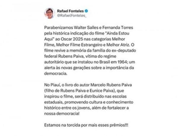 Em suas redes sociais, o governador Rafael Fonteles anunciou que a Seduc adotará o livro escrito pelo jornalista Marcelo Rubens Paiva.(Imagem:Reprodução)