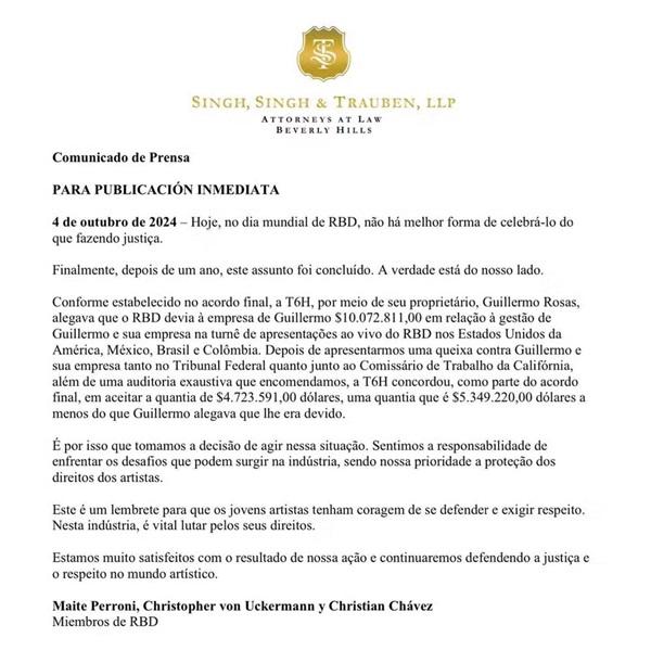 Nota do RBD sobre processo contra Guillermo Rosas.(Imagem:Reprodução/Instagram)