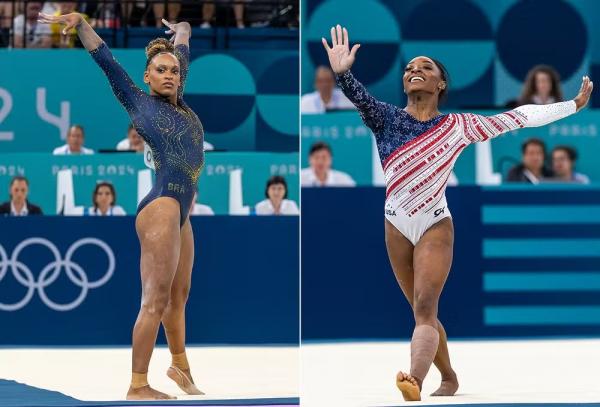 Rebeca Andrade e Simone Biles se enfrentam no individual da Ginástica Artística nas Olimpíadas.(Imagem:Getty Images)