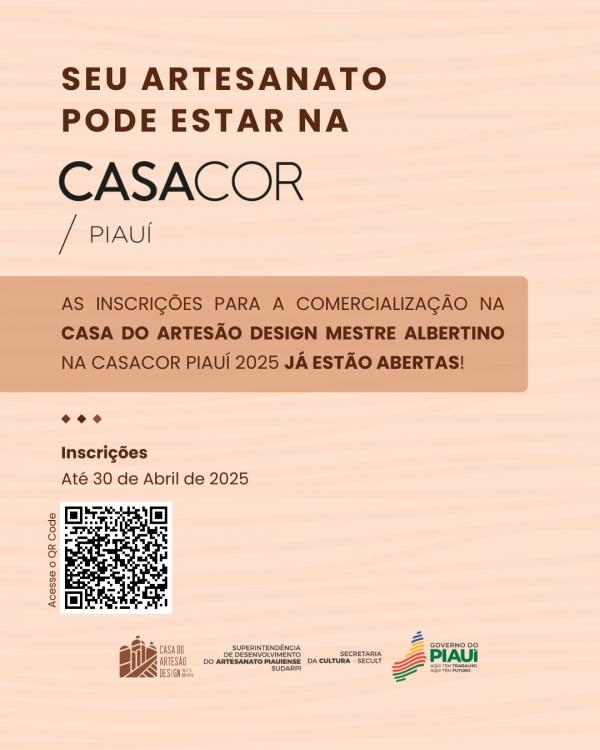 Os interessados podem se inscrever até o dia 30 de abril, de forma online ou presencialmente na Casa do Artesão Design Mestre Albertino.(Imagem:Divulgação)