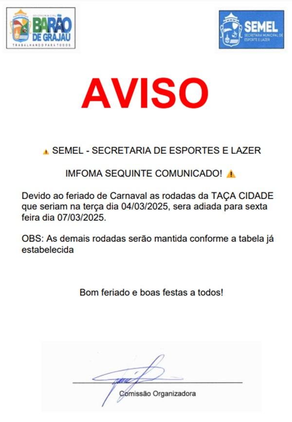 Aviso da SEMEL(Imagem:Divulgação)