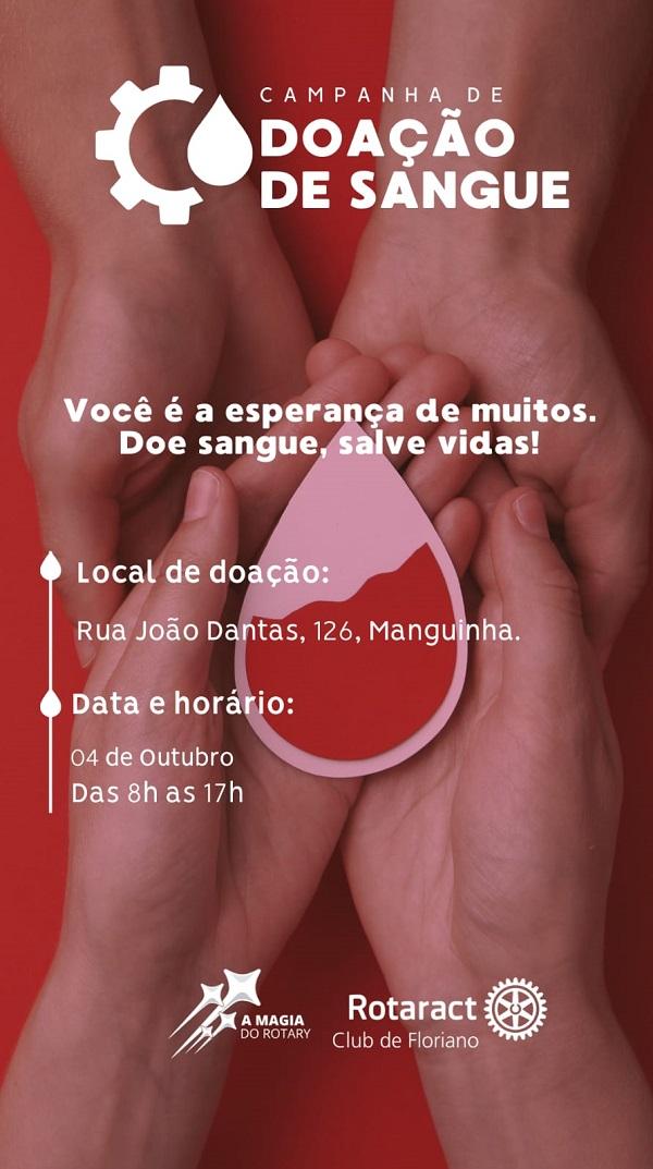 Rotaract Club de Floriano promove campanha de doação de sangue entre os dias 04 e 08 de outubro.(Imagem:Divulgação)