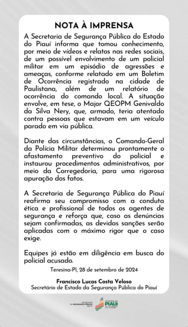 Nota da Secretaria de Segurança Pública(Imagem:Divulgação)