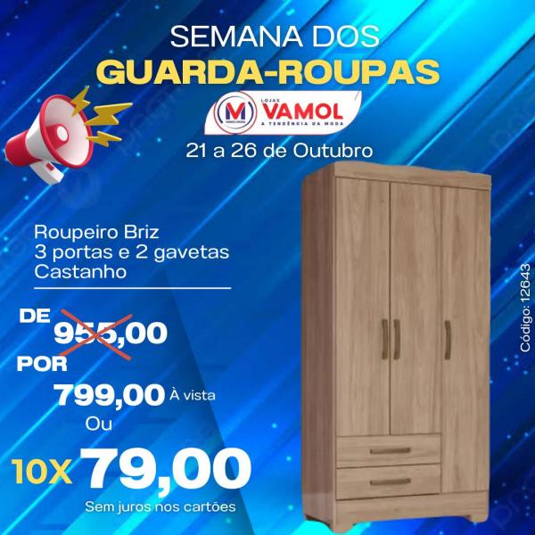 Roupeiro Briz 3 portas e 2 gavetas: de R$ 955,00 por R$ 799,00.(Imagem:Divulgação)