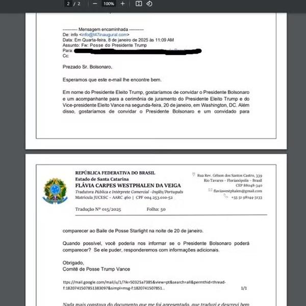 E-mail apresentado pela defesa de Bolsonaro ao ministro Alexandre de Moraes (Imagem:Reprodução)