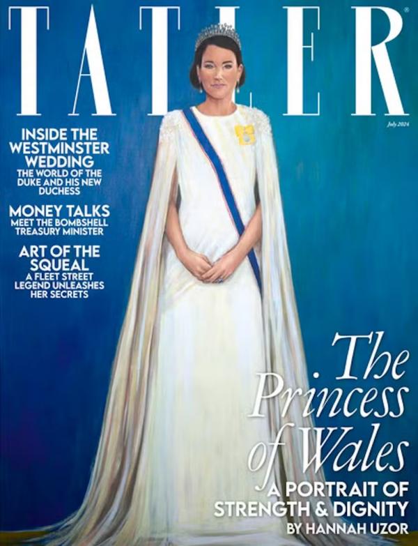 A capa da revista Tatler com a arte de Hannah Uzor retratando a Princesa Kate Middleton, inspirada no look da esposa do Príncipe William em evento no Palácio de Buckingham em novem(Imagem:Divulgação)